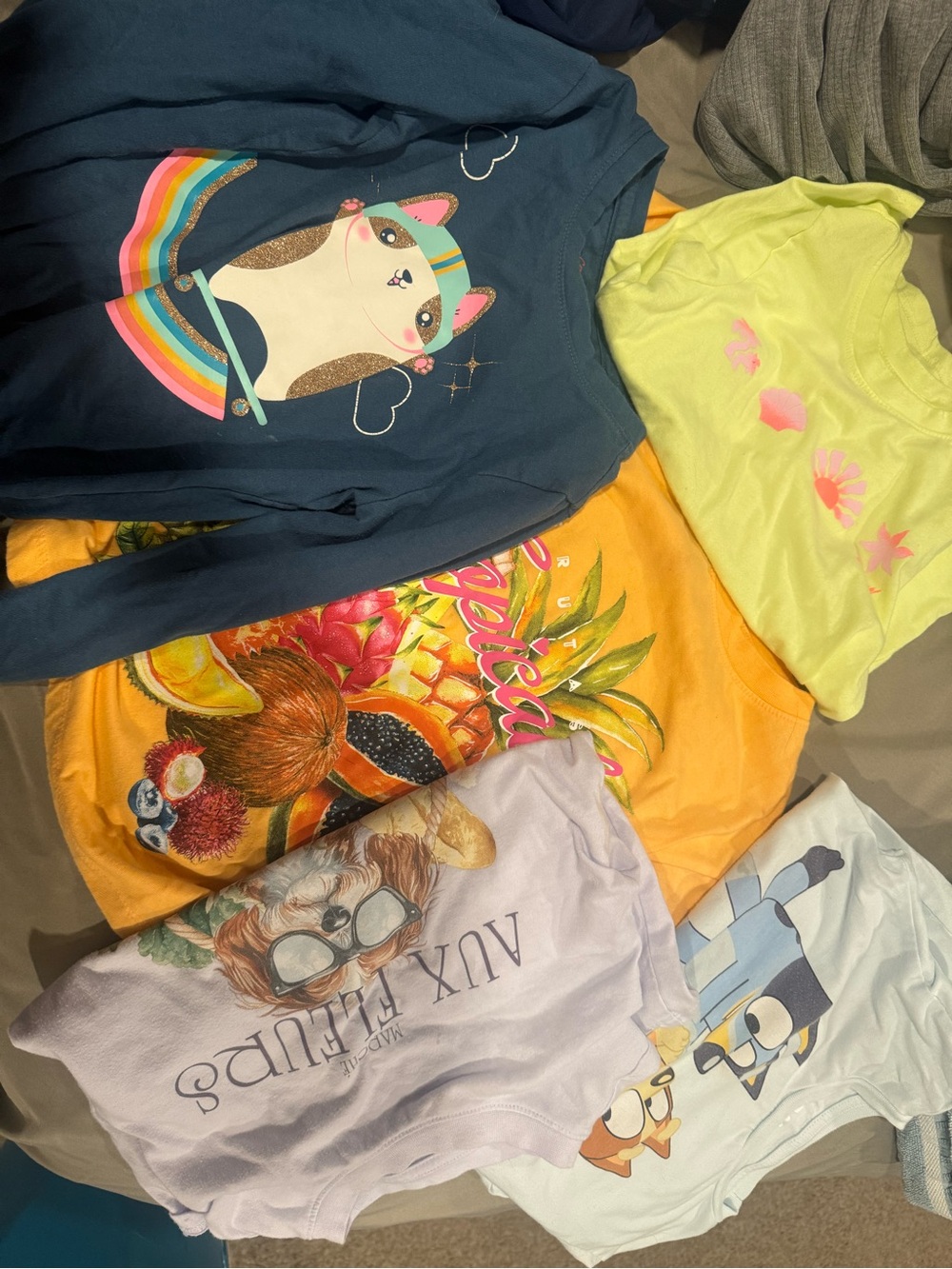 Girls xs shirt bundle , bluey , topical , shell and doggy picnic shirts
